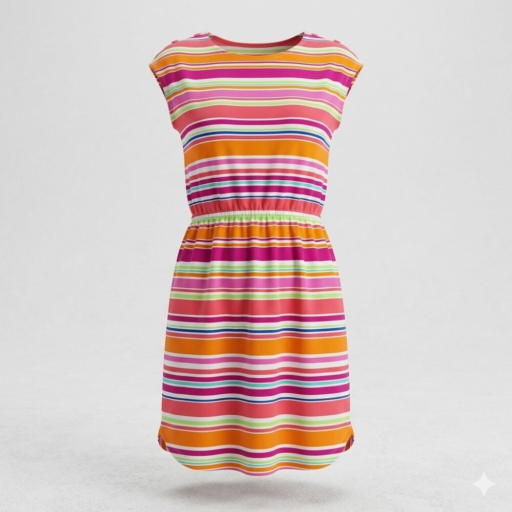 Lands' End Colorful Rainbow Striped Sleeveless Dress Button Shoulder - Sz M